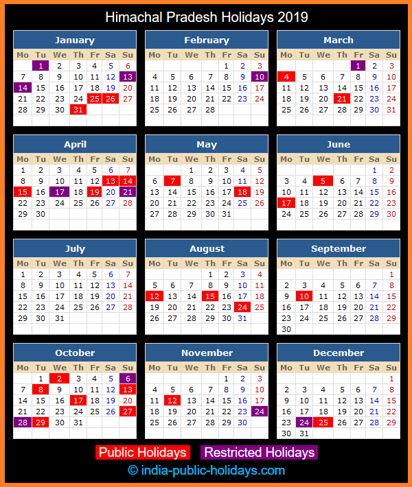 Himachal Pradesh Holiday Calendar 2019